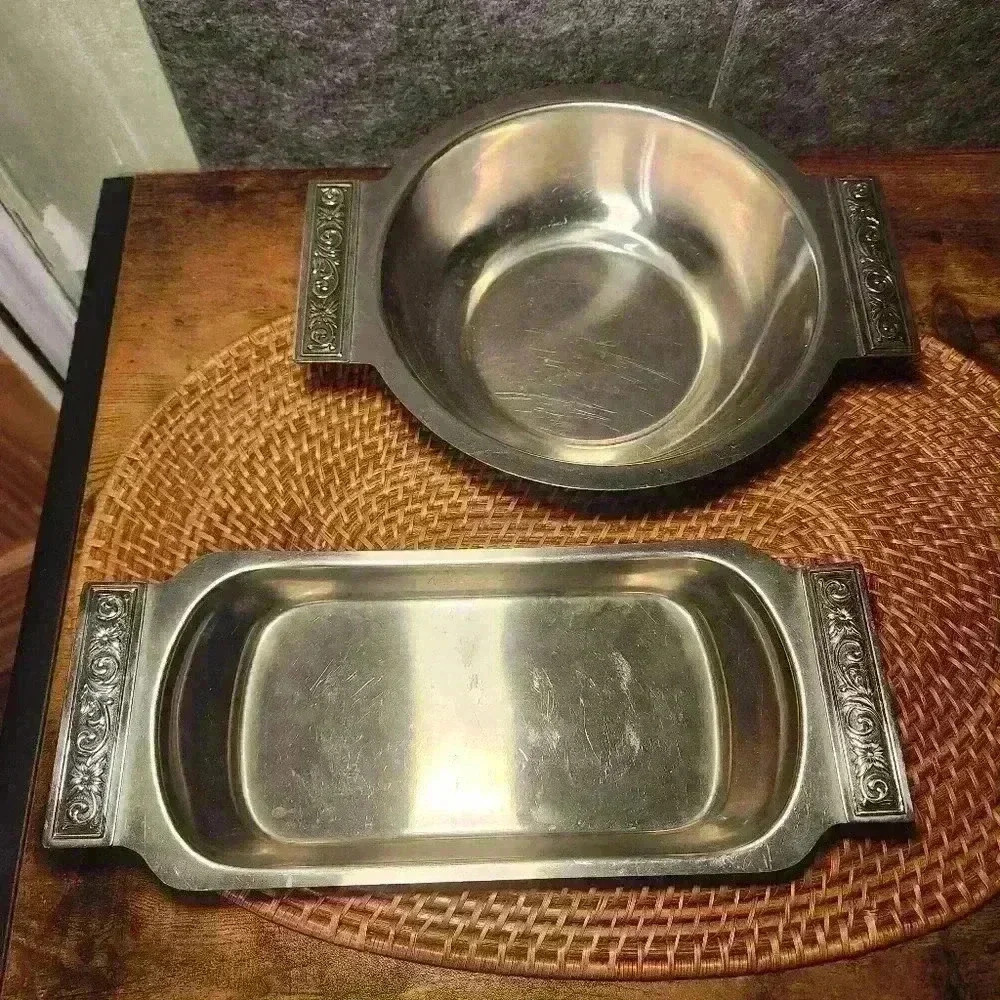International Decorator Ornate Handles Bowl and Tray Stainless Steel
